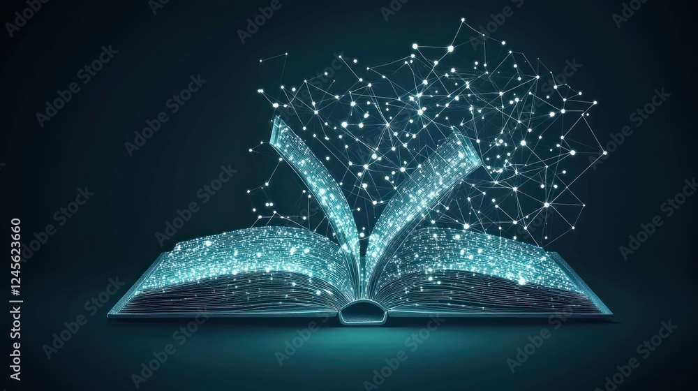 Poster open book with glowing digital particles emanating from its pages, representing knowledge and innova