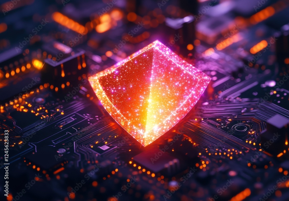 Aufkleber futuristic glowing geometric shape on a circuit board with vibrant colors and intricate electronic p