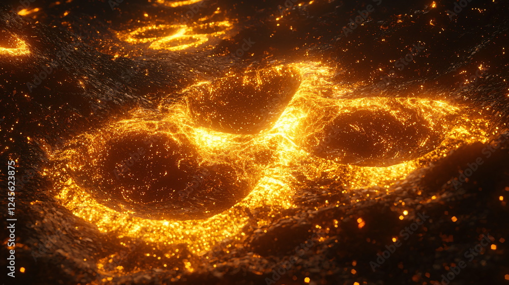 Poster glowing abstract design featuring intricate patterns with a luminous, molten-like texture and swirli