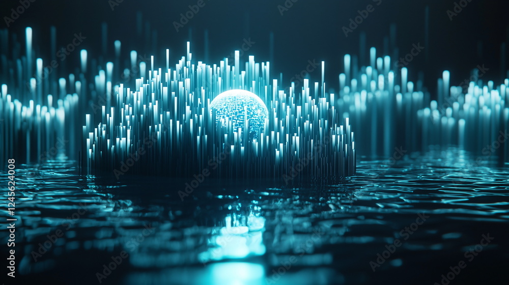 Aufkleber glowing sphere surrounded by vertical lines and rippling water in a dark ambient environment with a 