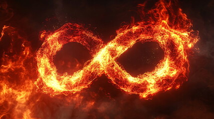 Flaming infinity symbol glowing brightly against a dark backdrop with swirling smoke, representing endless possibilities, creativity, and passion through vibrant fire effects.