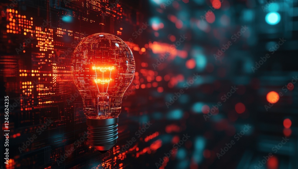 Poster futuristic glowing light bulb with digital circuit patterns on a dark background representing techno