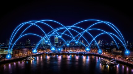 Obraz premium Illuminated bridge connection art display london digital installation urban nightscape aerial perspective technology showcase