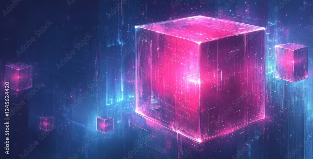 Poster futuristic glowing pink cube with transparent edges surrounded by smaller cubes in a vibrant digital