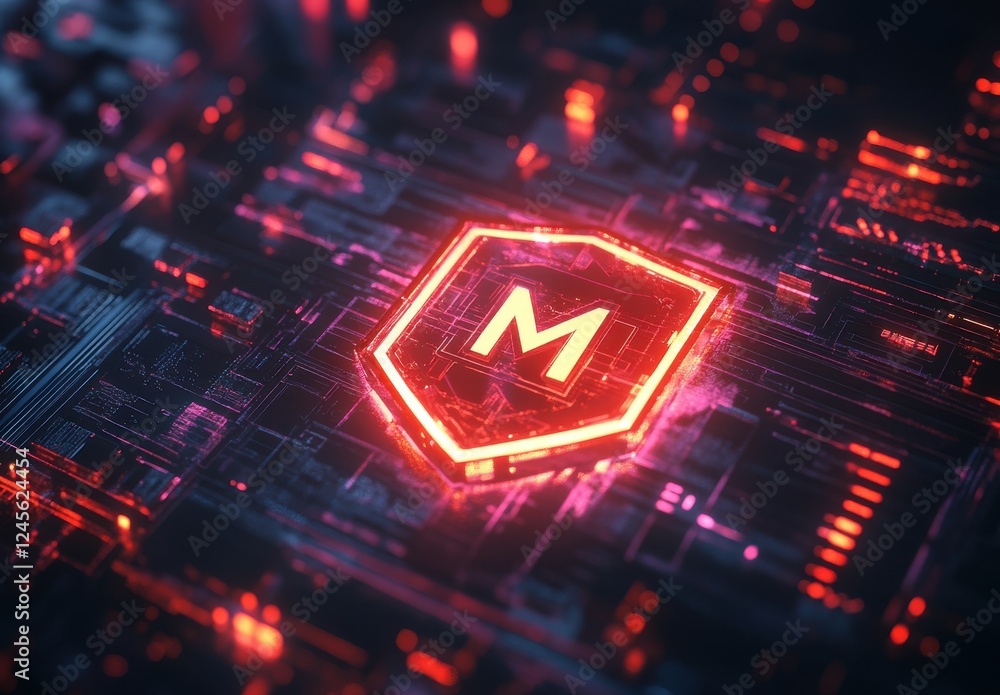 Aufkleber futuristic glowing technology background with an illuminated shield logo featuring the letter m surr