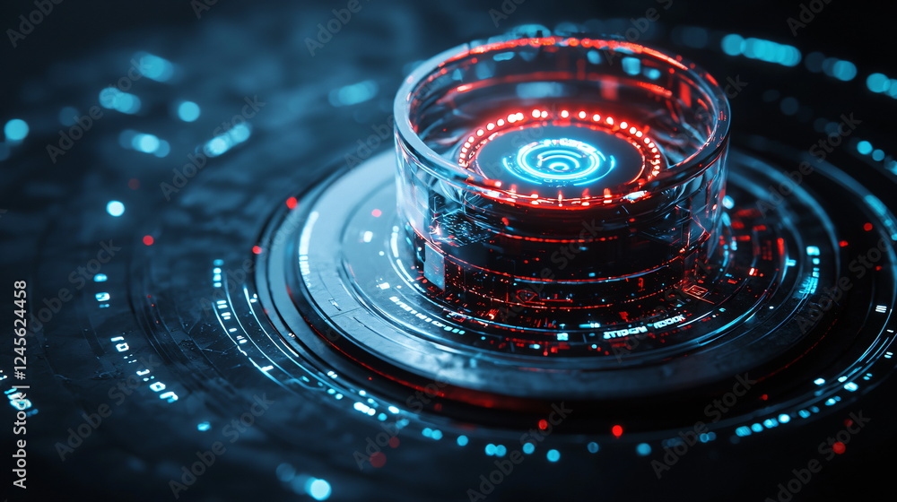 Aufkleber futuristic holographic interface glowing with blue and red lights on a transparent background, surro