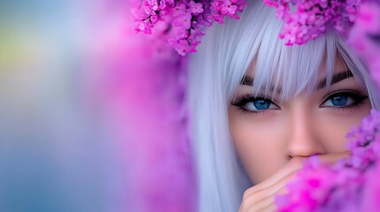 Naklejka premium Close-up of a young woman with striking blue eyes framed by vibrant pink flowers, creating a serene atmosphere