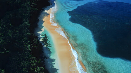 Aerial view of a beautiful beach with golden sand meeting clear turquoise waters, bordered by lush green trees. The vibrant colors and gentle waves create a serene atmosphere.