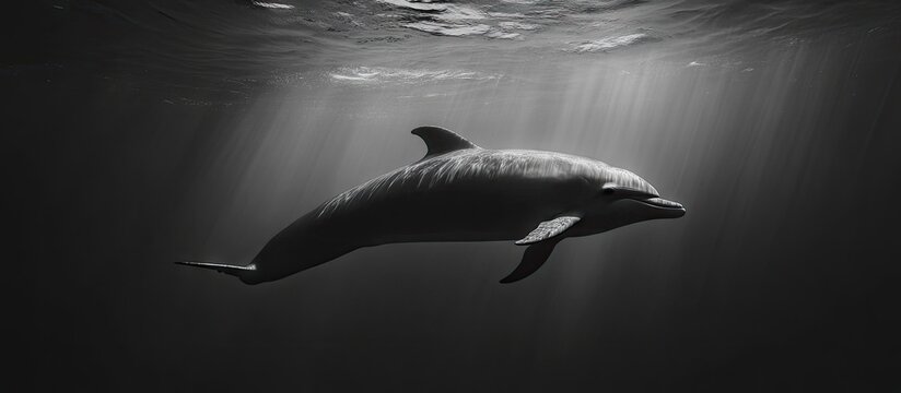 Minimalist monochrome representation of a dolphin swimming gracefully in clear water with soft light beams filtering from above showcasing elegant lines.