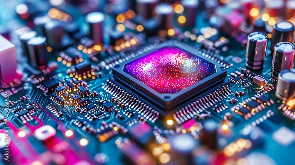 Poster vibrant microchip positioned on a complex electronic circuit board featuring intricate details, glow