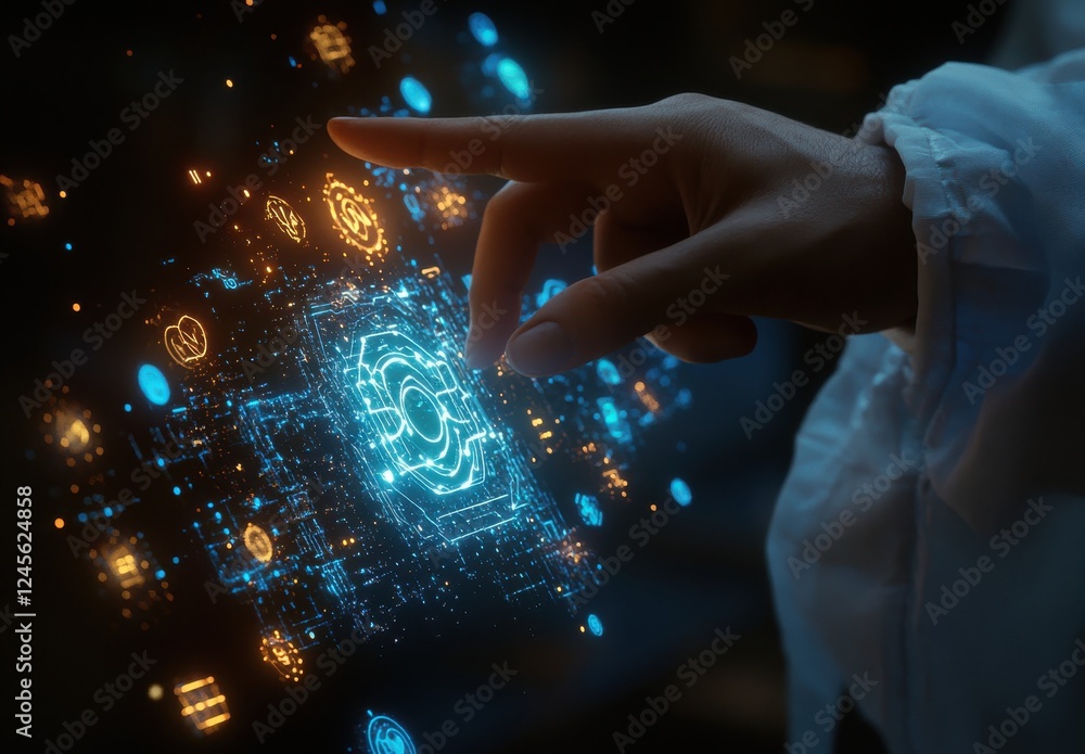 Poster futuristic hand interacting with holographic digital interface representing technology and innovatio