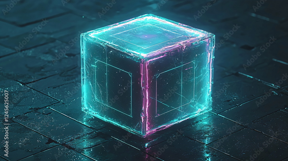 Aufkleber glowing cube with neon edges on a dark reflective surface surrounded by intricate digital patterns a