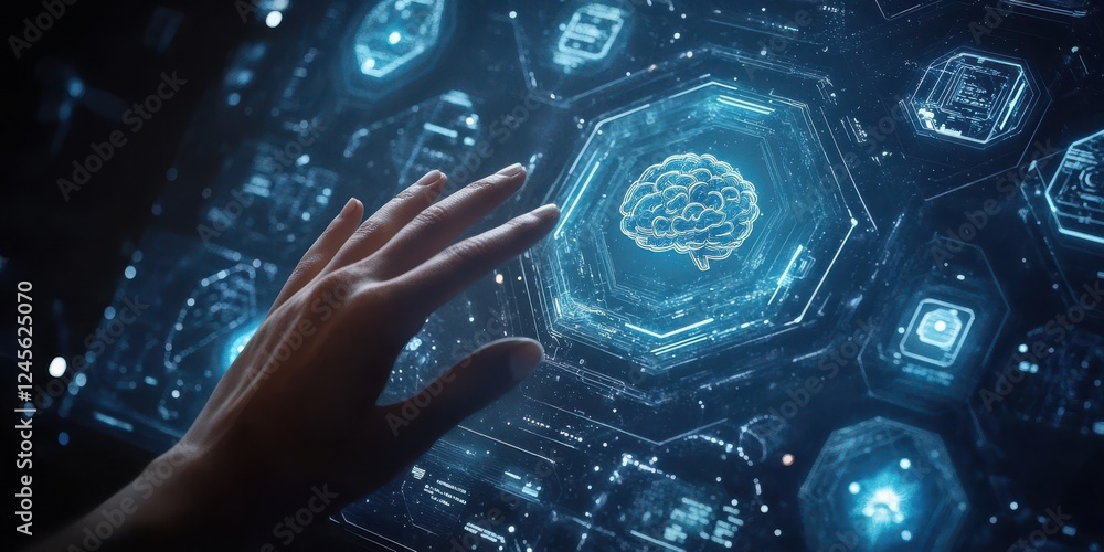 Poster futuristic hand touching digital brain interface in high-tech environment with glowing visual elemen