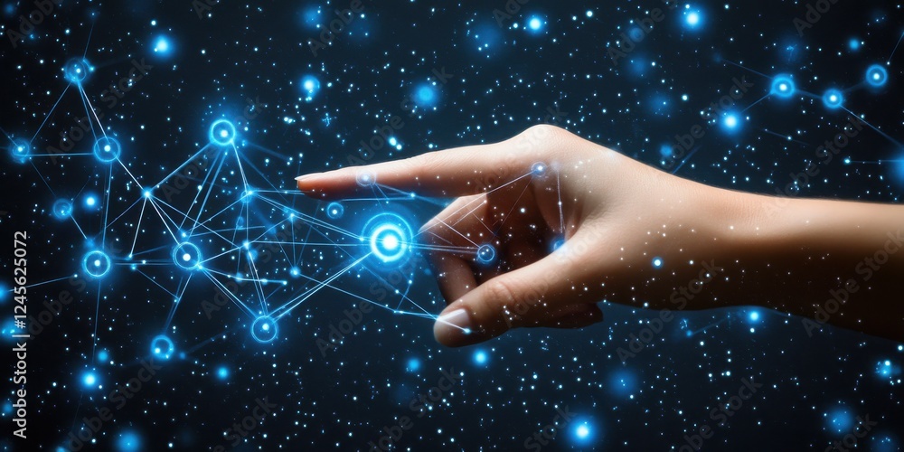 Poster futuristic hand reaching towards a network of glowing blue nodes and lines representing digital conn
