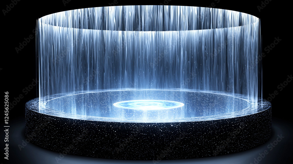 Poster glowing circular platform surrounded by cascading digital water effects illuminating a dark space cr
