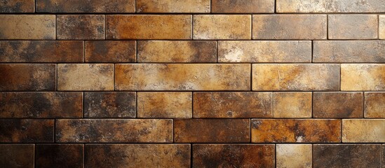 Antique stone wall featuring brown glazed tiles in a horizontal arrangement displaying rich earthy tones and unique textures in a stylish design