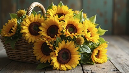 Wicker Basket Filled With Yellow Sunflowers On Wooden Table With Teal Wall Background