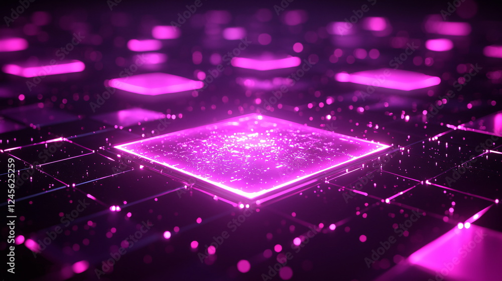 Aufkleber vibrant pink glowing squares floating above a dark grid background emitting luminous particles in a 