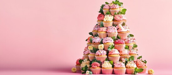 Colorful cupcake tower arranged on a pink background showcasing a variety of flavors and designs with vibrant pastel colors and floral decor.