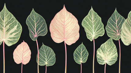 Obraz premium A collection of decorative leaves against a dark background.