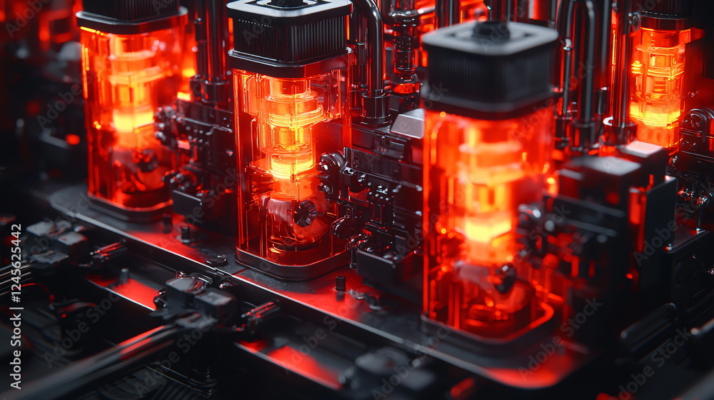 Poster glowing red tubes connected to shiny machinery with intricate details and a dark background creating