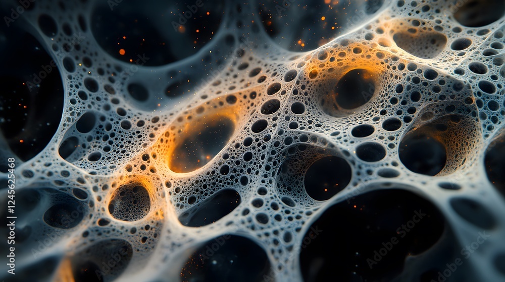 Poster close up of liquid with bubbles and intricate cosmic structures exhibiting detailed patterns and tex