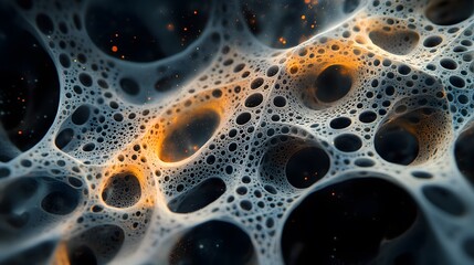 Close up of liquid with bubbles and intricate cosmic structures exhibiting detailed patterns and textures