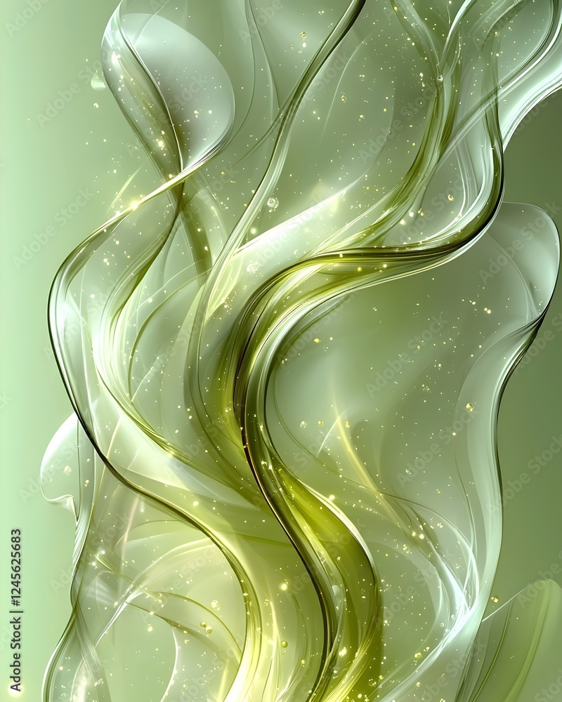 Poster a mesmerizing abstract composition featuring flowing green and golden waves that shimmer and swirl w
