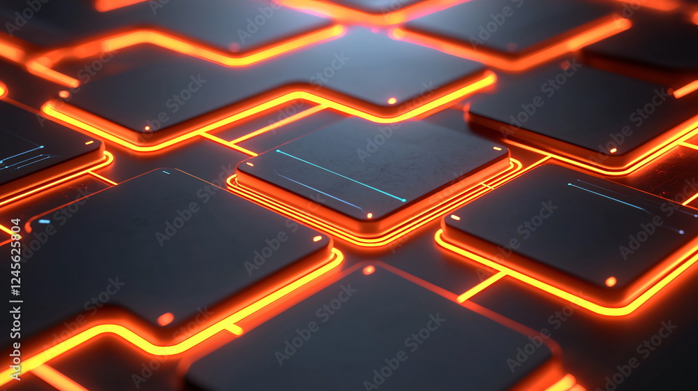 Poster neon circuit board with glowing orange lines and black squares creating a sleek technology backgroun