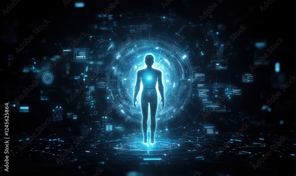 Poster futuristic human silhouette surrounded by glowing data visualizations and digital interfaces represe