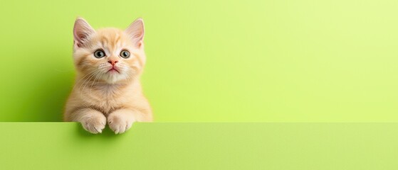 Adorable kitten looking curiously on a vibrant green background. Perfect for pet lovers and animal enthusiasts.