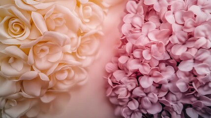 Obraz premium Close-up of delicate cream and pink artificial flowers arranged beautifully, showcasing intricate details