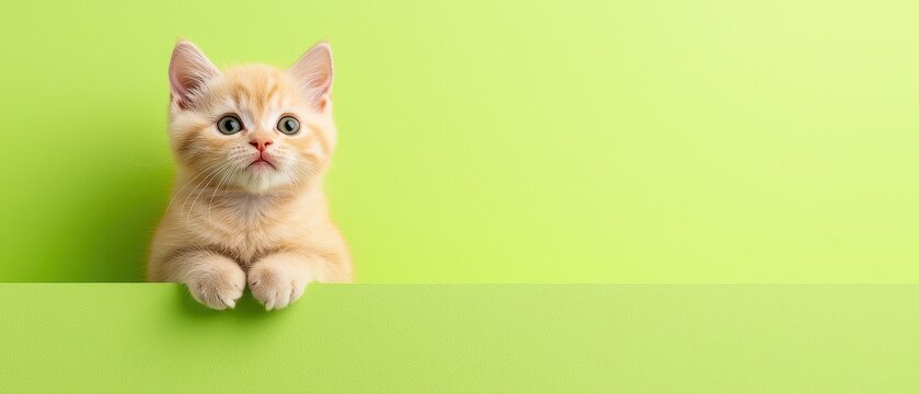 Adorable kitten looking curiously on a vibrant green background. Perfect for pet lovers and animal enthusiasts.