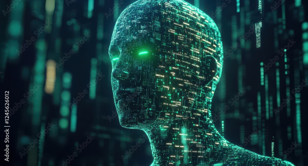 Poster futuristic humanoid figure composed of glowing digital data streams in a cybernetic landscape repres