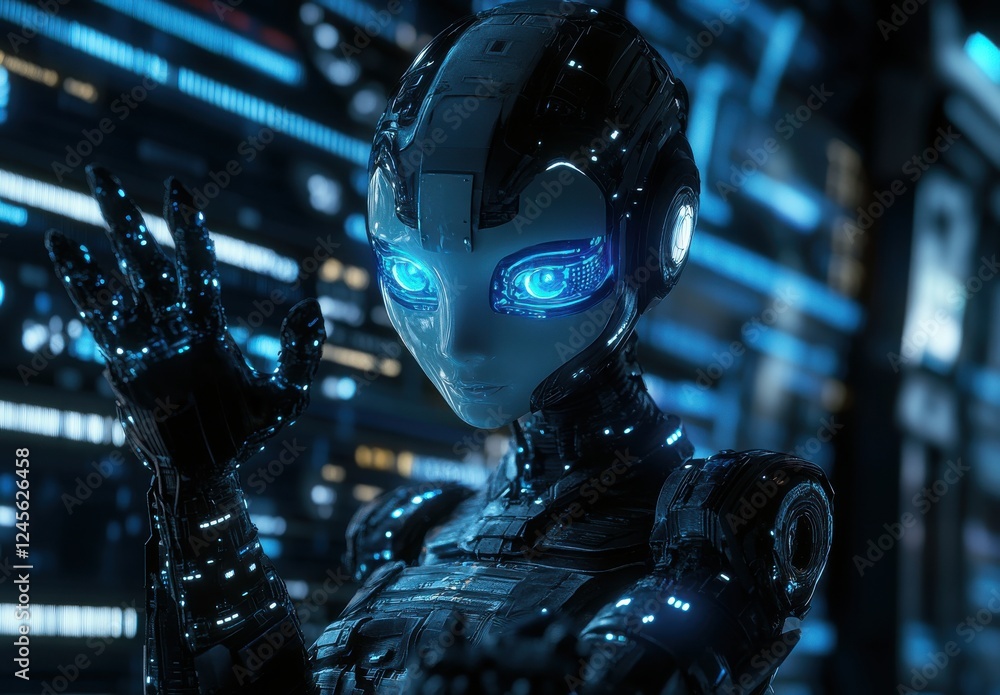 Poster futuristic humanoid robot with glowing blue eyes in a cyberpunk environment, showcasing advanced tec