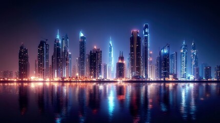 Fototapeta premium Futuristic city skyline at night, illuminated by neon lights and advanced technology