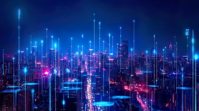 Futuristic city skyline at night, illuminated by neon lights and advanced technology