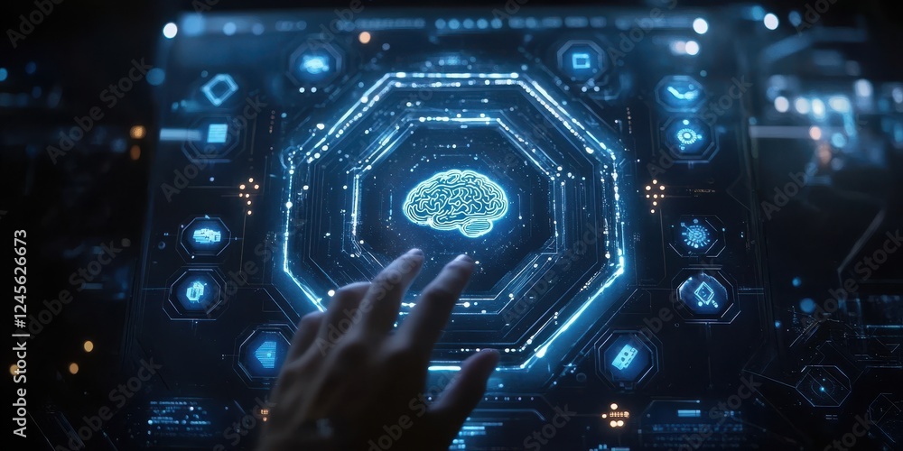 Poster futuristic interface displaying a glowing brain symbol in a technology-driven environment with digit