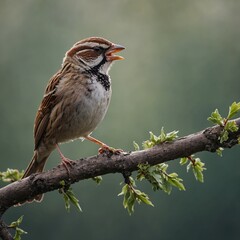 Fototapeta premium A beautiful sparrow singing on a tree branch, its beak open and feathers ruffled by the wind.