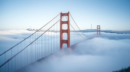 Fototapeta premium The iconic Golden Gate Bridge appears to float above the thick morning fog, with only the towers rising above the white clouds, Ai generated images