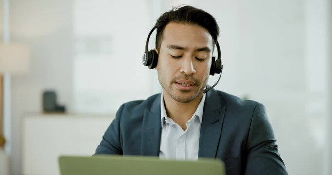 Call center man, talking and advice on laptop, financial information or chat for customer care in office. Consultant, tech support and agent by computer, mic or headphones for voip, crm or help desk