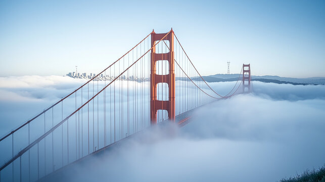 The iconic Golden Gate Bridge appears to float above the thick morning fog, with only the towers rising above the white clouds, Ai generated images