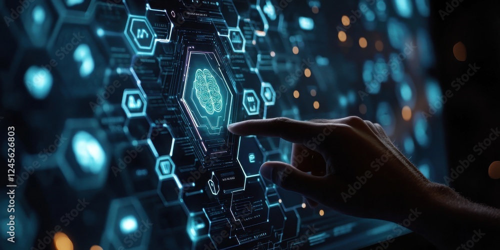Poster futuristic interface displaying artificial intelligence concepts with human interaction and innovati