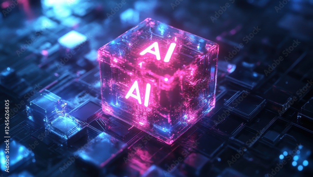 Poster futuristic image of a glowing ai block on a circuit board in a high-tech digital environment with ne