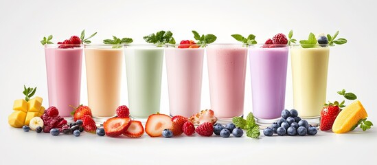 Colorful fruit smoothies arranged in glasses from left to right in shades of pink, green, purple, and yellow with fresh berries and fruits in front.