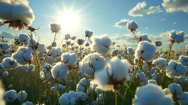 Cotton field at sunset, fluffy cotton bolls, agricultural landscape