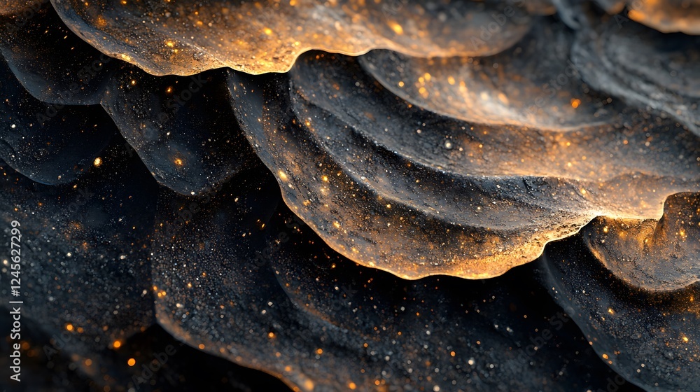 Poster close up of a rock featuring fire and cosmic patterns with intricate shapes and designs