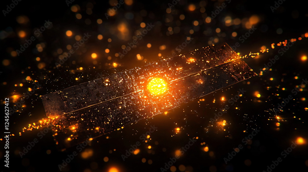 Poster illuminated burst of golden particles sparkling against a dark backdrop, resembling a cosmic explosi