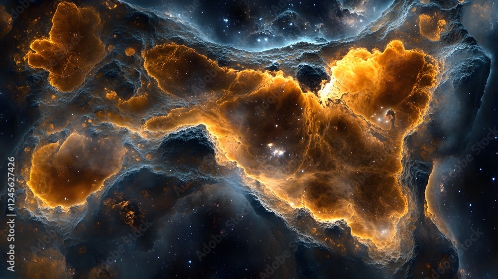 Poster large orange nebula in the sky with intricate cosmic patterns and shapes unfolding in deep space