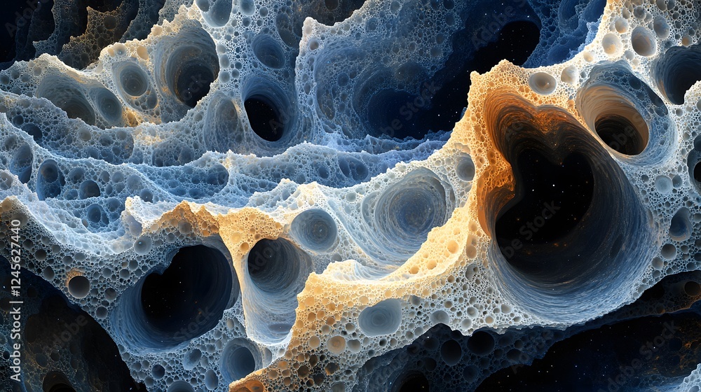 Poster large group of white and brown bubbles with cosmic patterns and intricate shapes in deep space backg